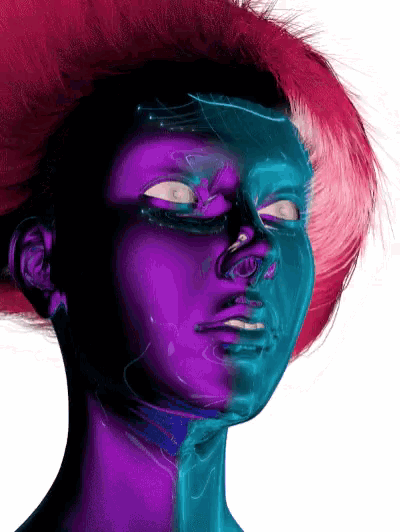 a close up of a woman 's face with purple hair
