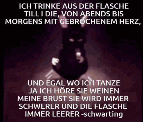 a black background with a shadow of a person and the words ich trinke aus der flasche