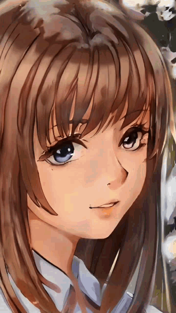 a close up of a girl 's face with long brown hair and blue eyes