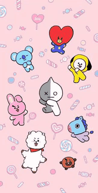 a group of cartoon characters are standing next to each other on a pink background .