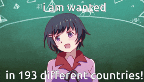 a girl is standing in front of a green chalkboard with the words i am wanted in 193 different countries