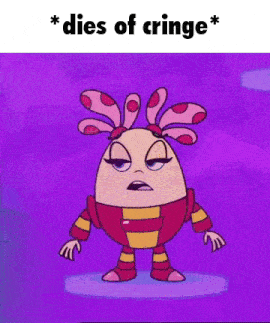 a cartoon character with a purple background and the words `` dies of cringe '' written on it .