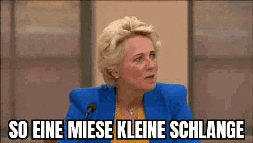 a woman in a blue jacket is sitting in front of a microphone and says so eine miese kleine schlange .