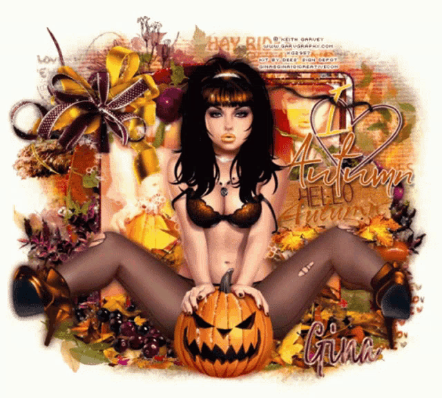 a picture of a woman holding a pumpkin with the name gina on the bottom right