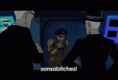 a cartoon character says sonsabitches while standing next to two men