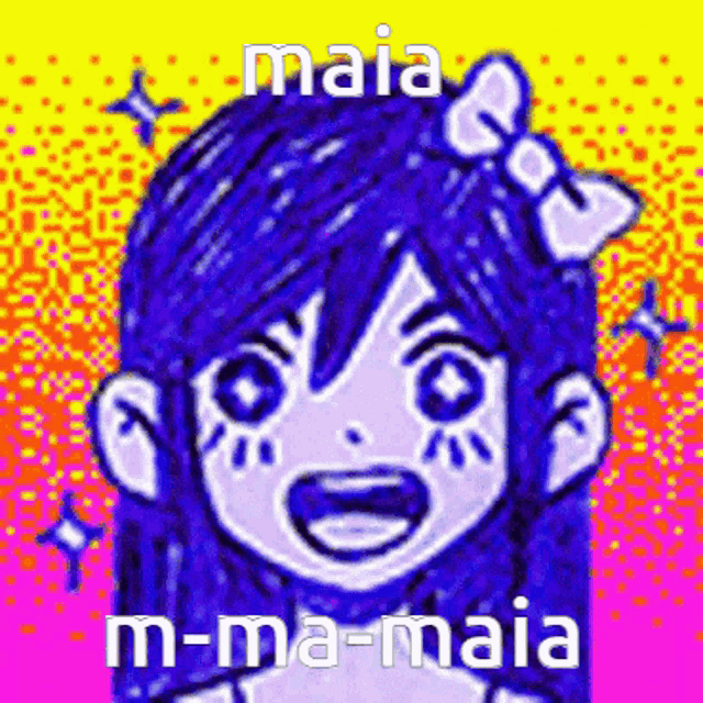 a girl with blue hair and a bow on her head is smiling .
