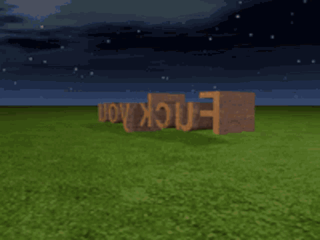 a 3d rendering of the word fuck you in a grassy field