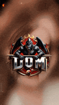 a logo for a video game called dom with a demon on it