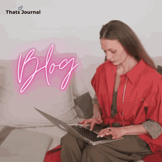 a woman sitting on a couch using a laptop with the word blog written in neon