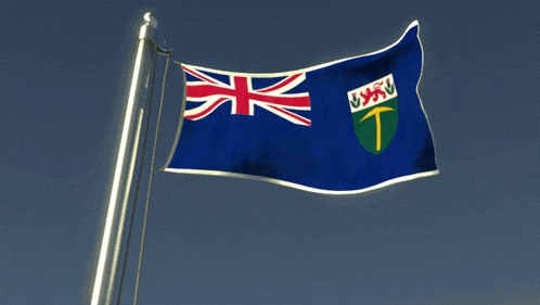 a british flag with a green t on it is flying in the wind