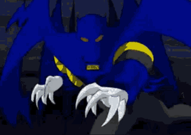 a blue and yellow cartoon character with red eyes holding a sword