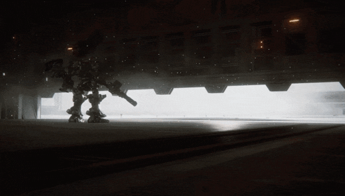 a robot is standing in a dark room with a light shining through a doorway