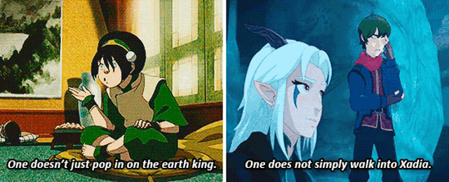 a couple of cartoon characters with one saying one doesn t just pop in on the earth king