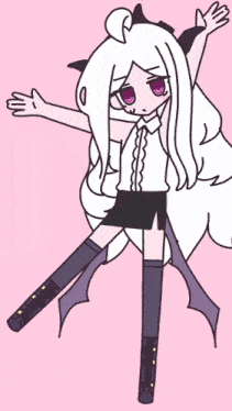 a drawing of a girl with long white hair and purple eyes on a pink background