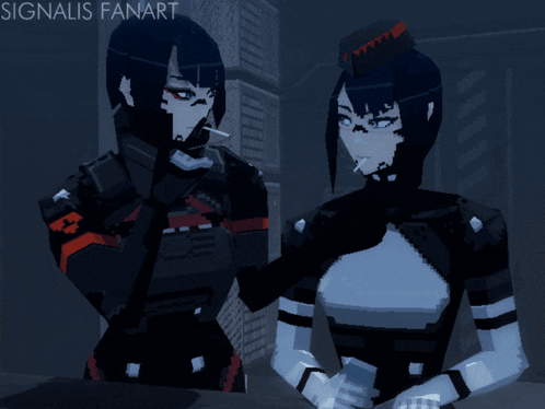 a pixel art drawing of a woman smoking a cigarette with the words signalis fanart below her