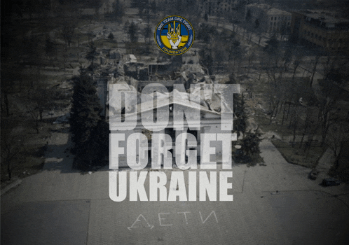 a poster that says " do n't forget ukraine " in front of an aerial view of a park