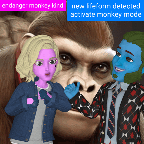 two cartoon characters are standing in front of a gorilla with the words " new lifeform detected activate monkey mode " on the bottom