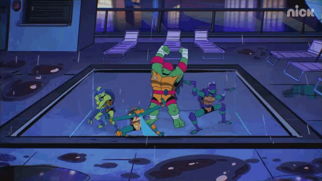 a group of teenage mutant ninja turtles are standing in a pool with the nick logo visible
