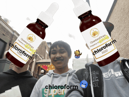 a man holding a bottle of chloroform in front of him