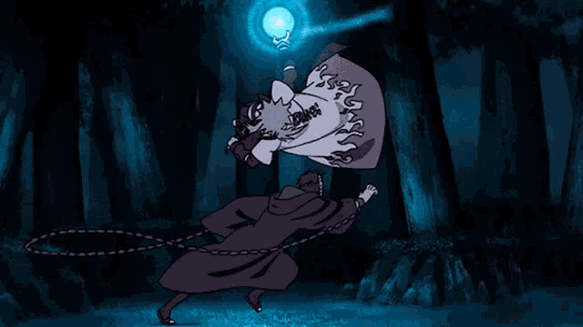 a cartoon character is flying through the air with a blue light behind him .