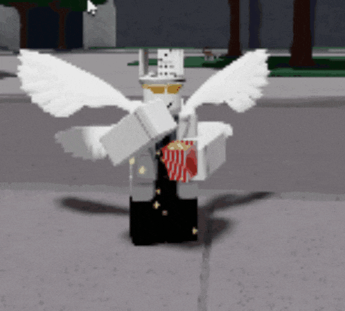a cartoon character with wings is holding a box of popcorn