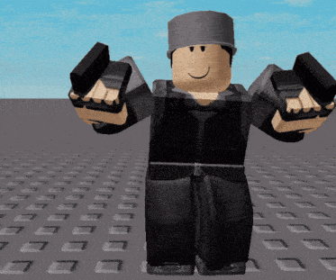 a roblox character is holding two guns in his hands and smiling