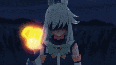 a pixel art of a girl holding a fireball in her hand