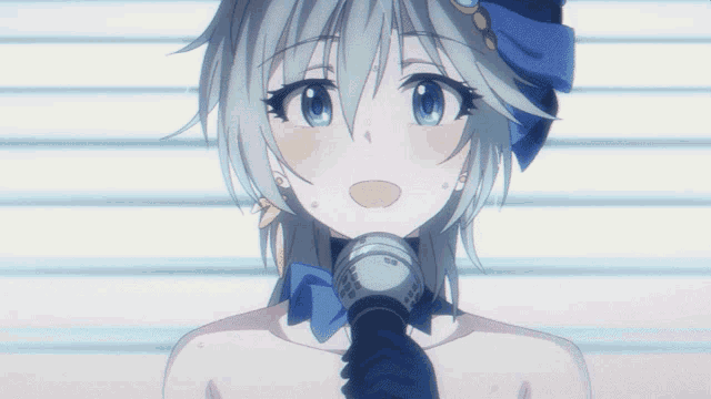 a naked anime girl with a microphone in her mouth