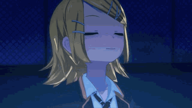 a cartoon girl with her eyes closed is wearing a blue shirt and tie