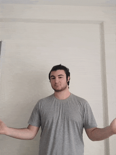 a man with a beard wearing a grey shirt stands in front of a white wall