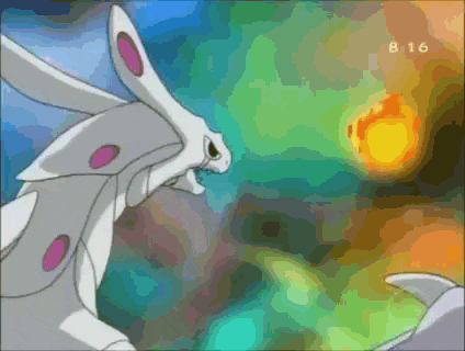 a cartoon drawing of a white rabbit with pink ears and a fireball in the background