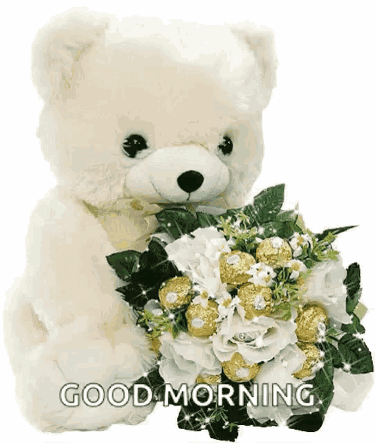 a teddy bear is holding a bouquet of flowers and chocolates and says `` good morning '' .
