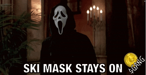 a cartoon cat wearing a ski mask with the words ski mask stays on below it