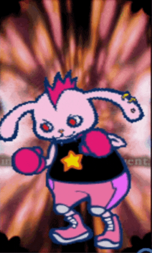 a pink bunny with boxing gloves and a star on his chest