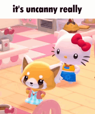 hello kitty and a raccoon are standing next to each other