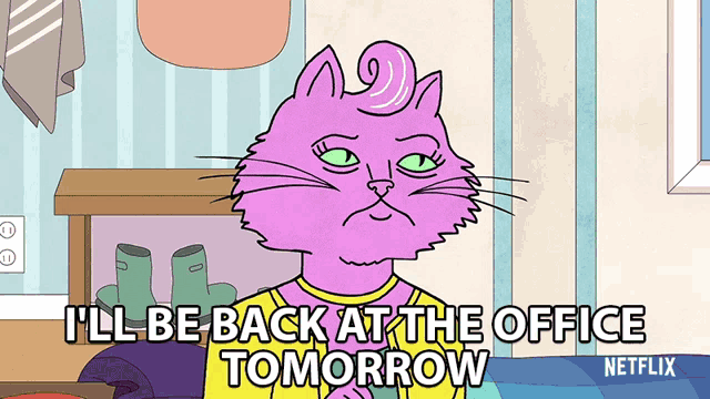 a cartoon of a purple cat says i 'll be back at the office tomorrow