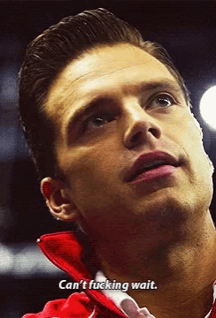 a close up of a man 's face with the words " can 't fucking wait "