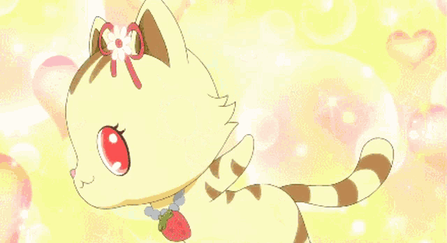 a cartoon cat with a strawberry necklace on it