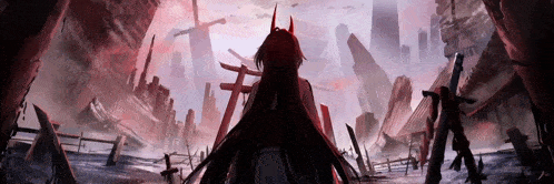 a woman with red hair and horns is standing in a ruined city .