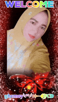 a picture of a woman with the words welcome written above her