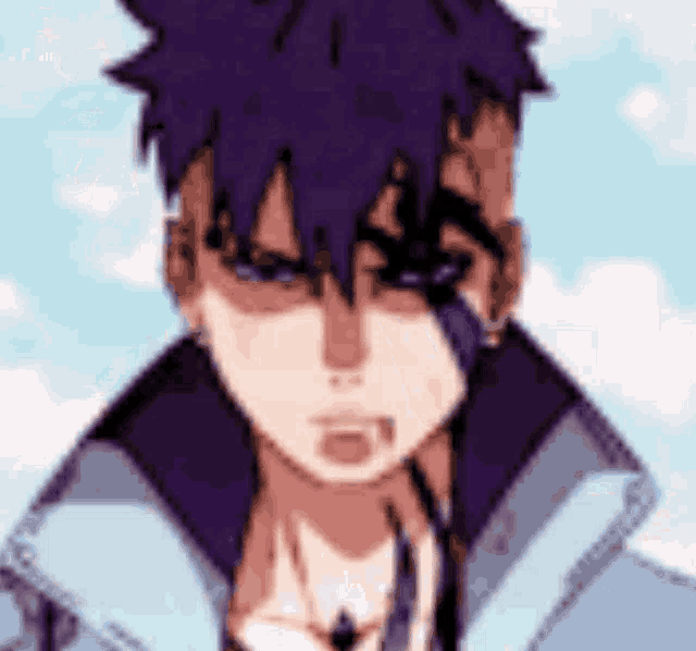 a close up of a person 's face with a purple hair and a blue jacket .