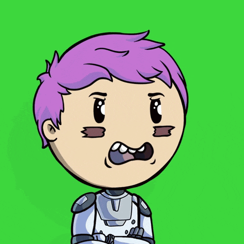 a cartoon character with purple hair has his arms crossed and is looking angry