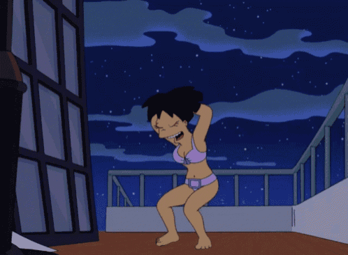 a cartoon character in a bra and panties is standing on a balcony at night