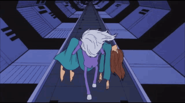 a cartoon of two people laying on a conveyor belt in a hallway