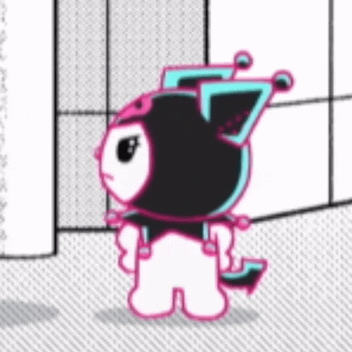 a cartoon character is standing in front of a wall and looking at the camera .