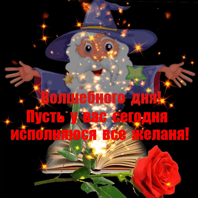 a picture of a wizard with a book and a rose
