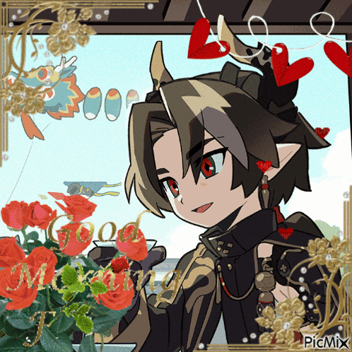 a picture of a boy with a crown on his head and a bouquet of flowers with the words picmix on the bottom