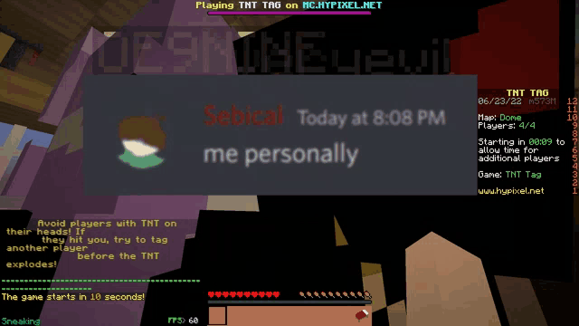 a computer screen shows a message from sebical today at 8:08 pm