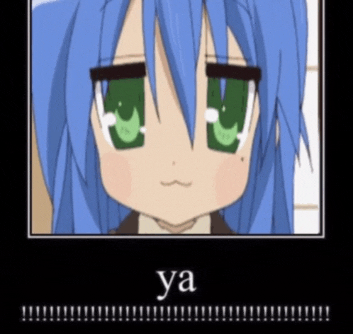 a picture of a girl with blue hair and green eyes and the words ya