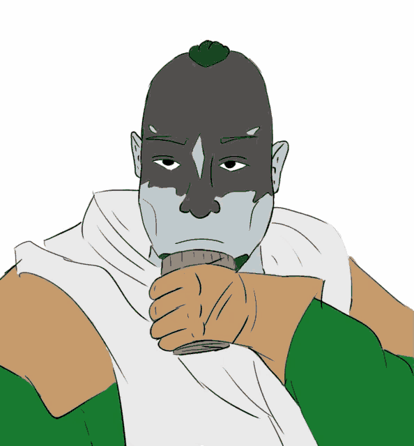 a cartoon drawing of a man with a gray face and green sleeves